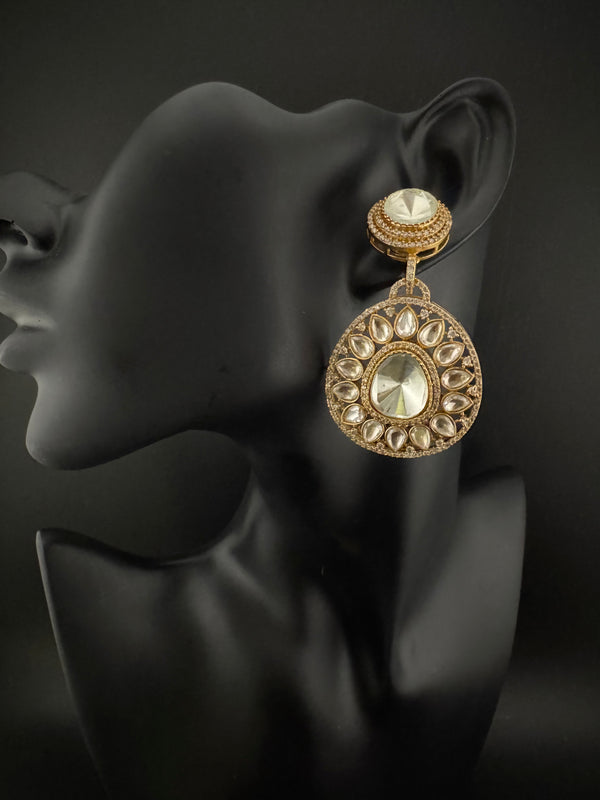 Golden Kundan, CZ, Chandbali Earrings, High shine, Bridal, Moissanite, Designer jewelry