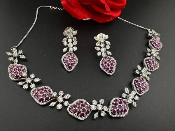 Nano Setting CZ Diamond Statement Ruby Necklace Set, White Gold Plated Choker, 3D nature inspired