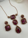 Doublet Stone Pendant Necklace Set with Matching Earrings, Brass CZ Jewelry