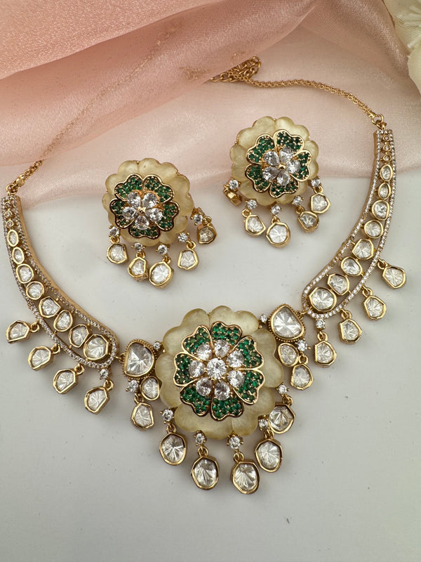 Kundan, Moissanite, MOP, CZ Flexible Gold necklace set, Indian Bridal Jewelry