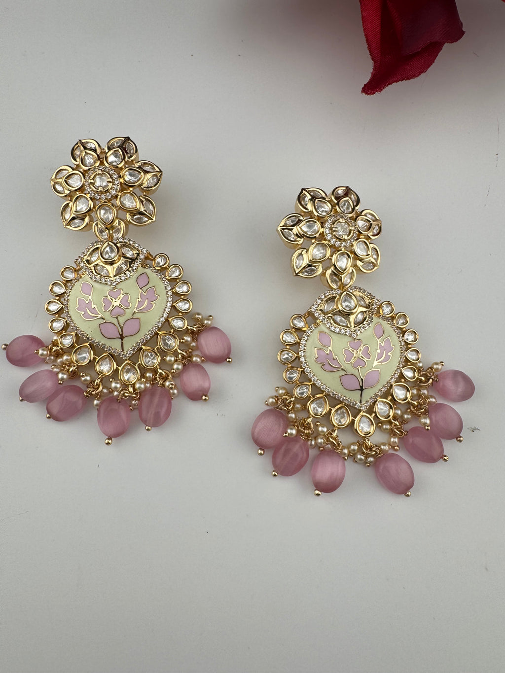 Enamel and Gold Kundan Chandelier Long Earrings, High shine Bridal Moissanite CZ, Designer Earrings