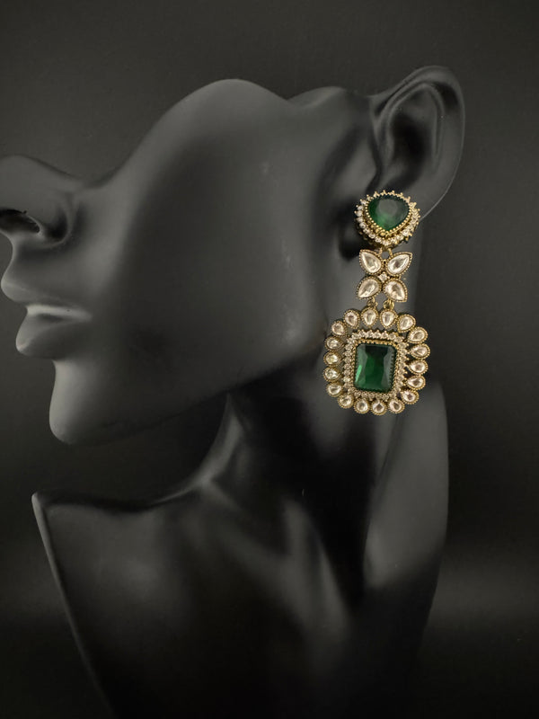 Green and Gold Kundan, Stone Chandelier Drop Earrings, Bridal, Moissanite, CZ, Designer jewelry