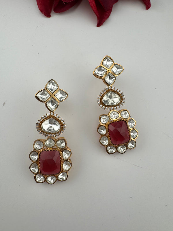 Red and Gold Kundan, Stone Chandelier Drop Earrings, Bridal, Moissanite, CZ, Designer jewelry