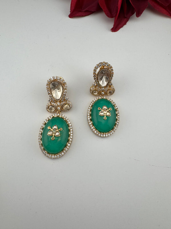 Green and Gold Kundan, Doublet Stone Chandelier Drop Earrings, Bridal, Moissanite, CZ, Designer jewelry