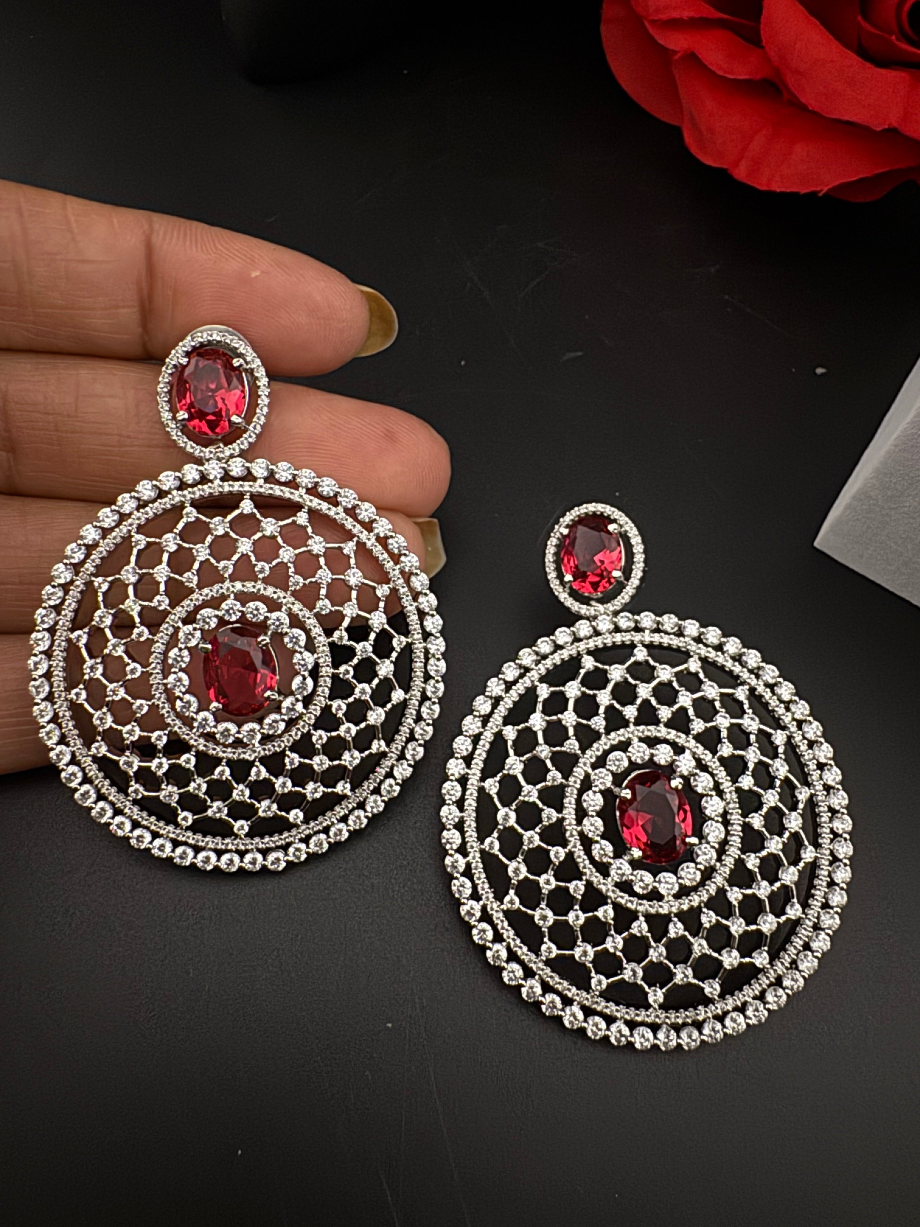 Premium Nano Setting of Cubic Zirconia in silver is designer Inspired Statement Oversized Circular Dangle earring/Bridal/bridesmaid gift