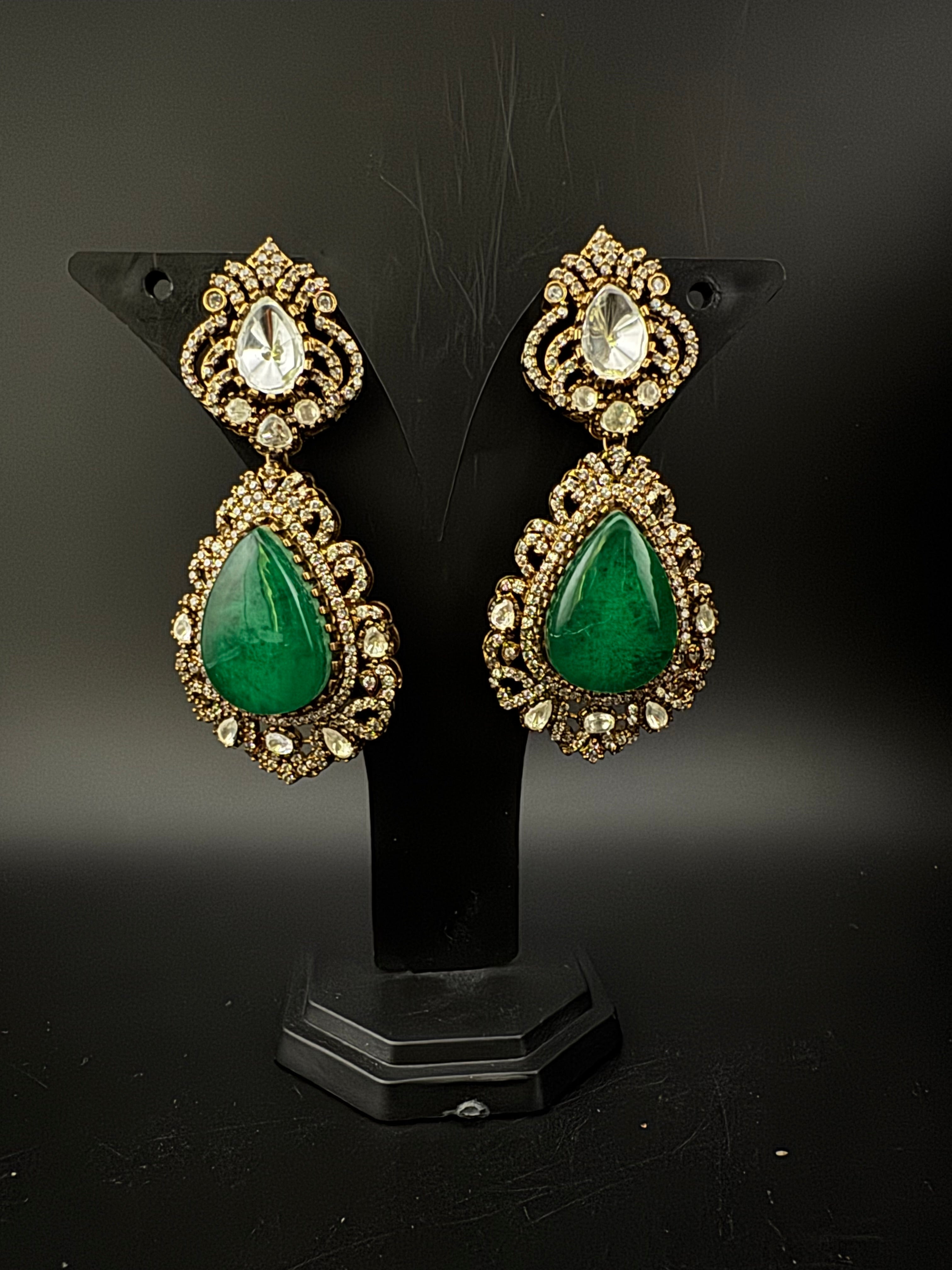 Green and Gold Kundan, Doublet Stone Chandelier Long Earrings, Bridal, Moissanite, CZ, Designer jewelry