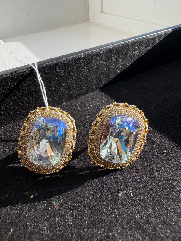 Gold Polish Crystal Stone Stud Earrings, All over Cubic Zirconia, AD, CZ, Indian Jewelry