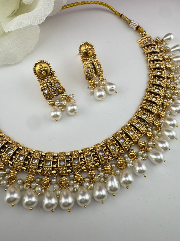 Rajwadi kundan Pearls Gold necklace set with earrings, Indian Bridal Jewelry set