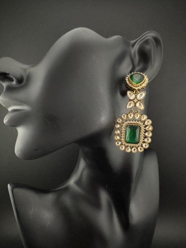 Green and Gold Kundan, Stone Chandelier Drop Earrings, Bridal, Moissanite, CZ, Designer jewelry