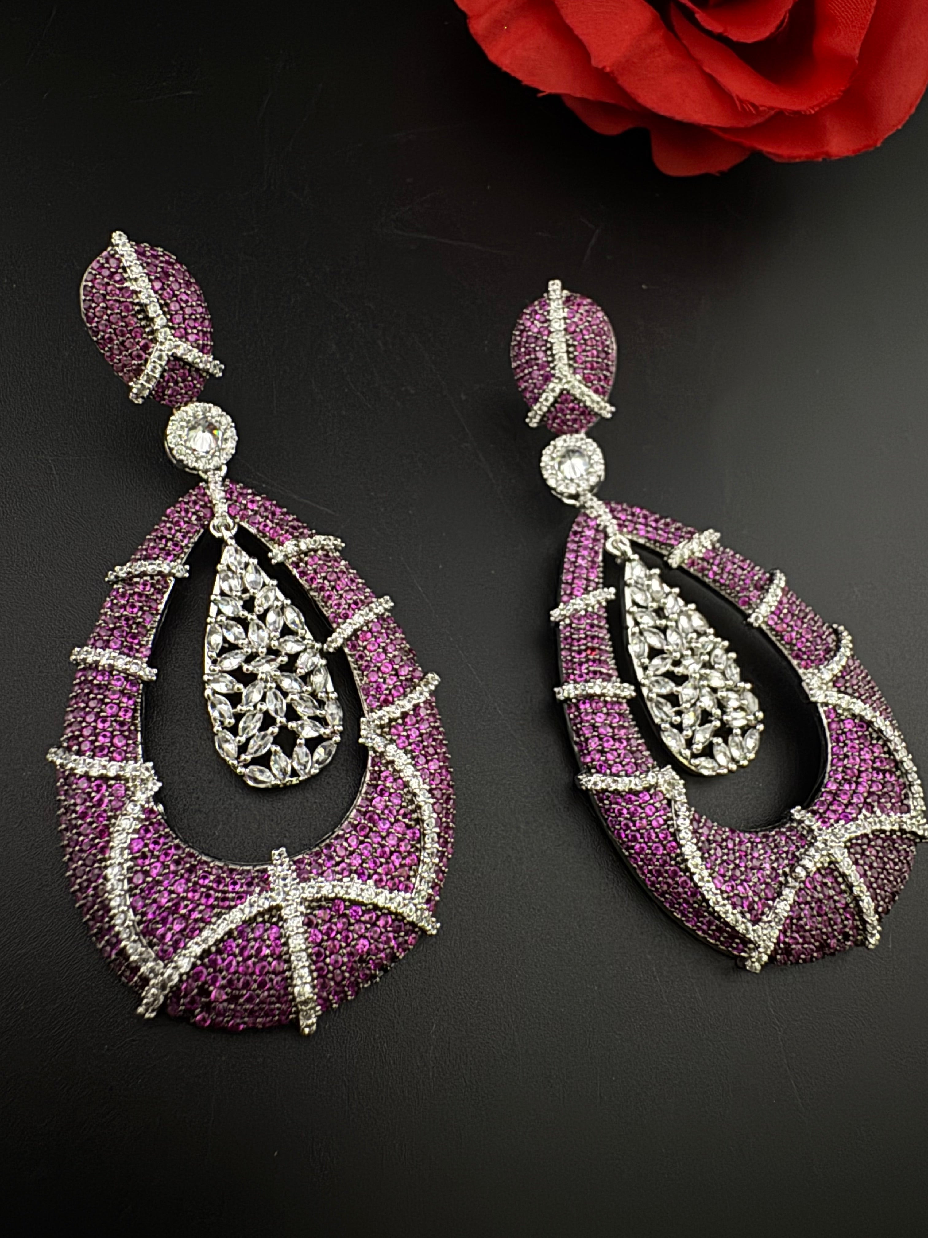 Premium Nano Setting Cubic Zirconia Long earrings in Drop shape, stylish, designer Inspired Statement long earring/Bridal Bridesmaid earring