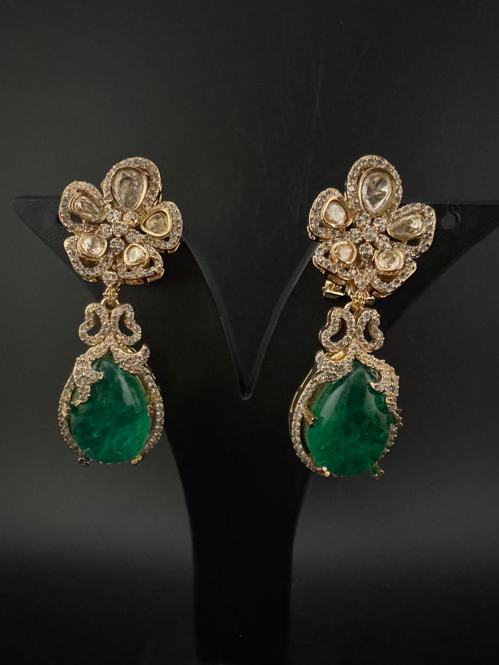 Green and Gold Kundan, Doublet Stone Chandelier Drop Earrings, Bridal, Moissanite, CZ, Designer jewelry