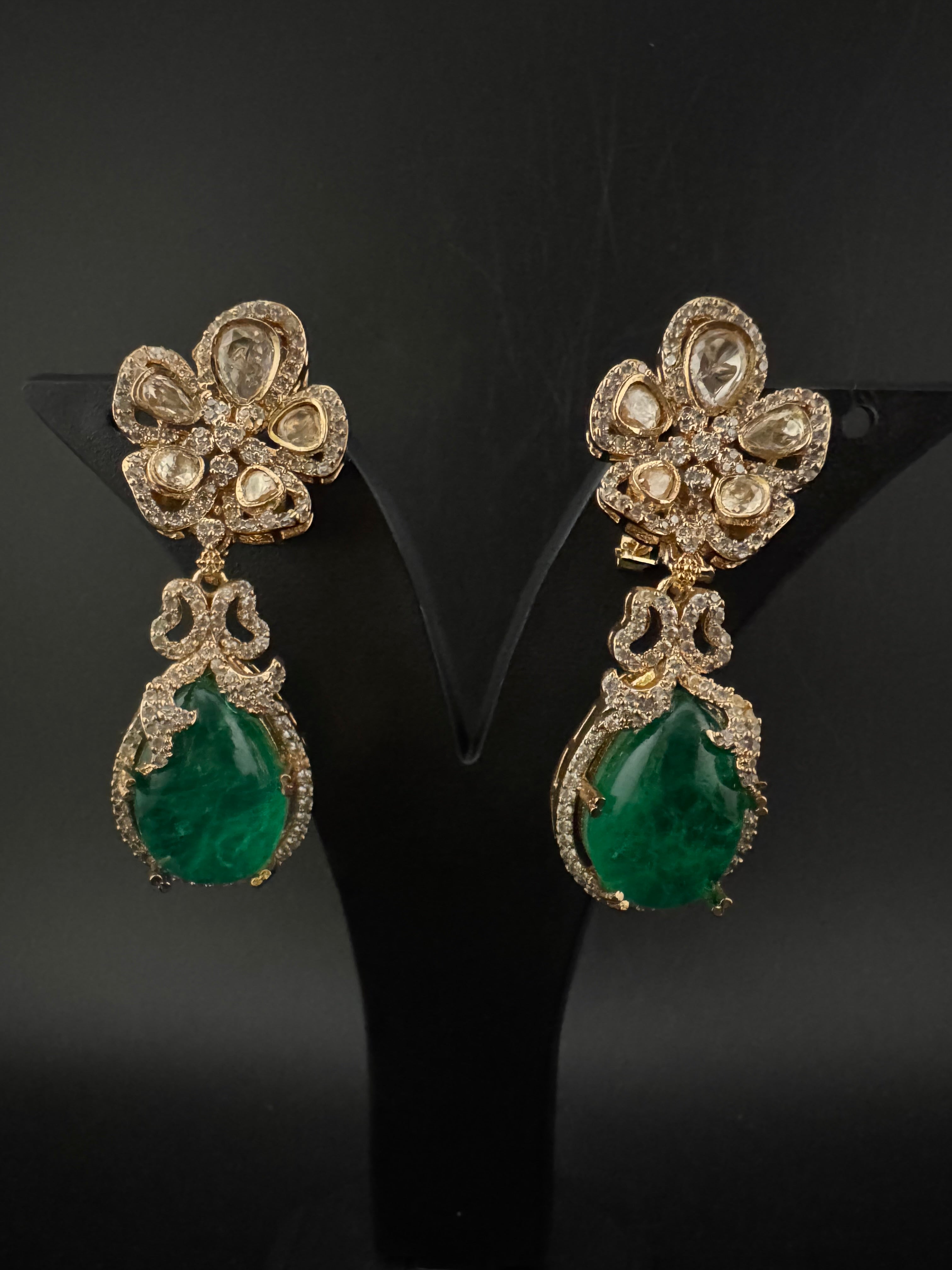 Green and Gold Kundan, Doublet Stone Chandelier Drop Earrings, Bridal, Moissanite, CZ, Designer jewelry