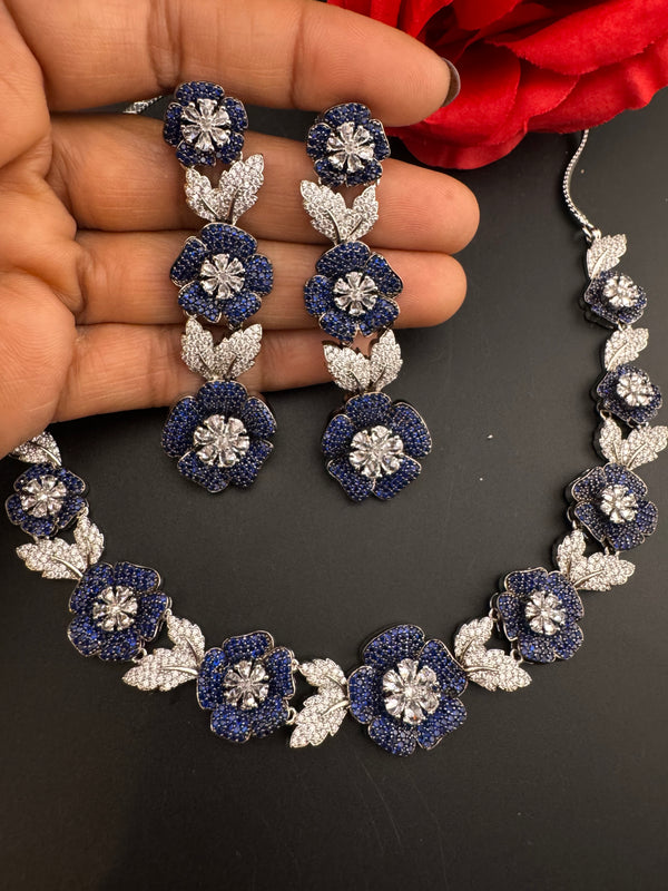 Nano Setting CZ Diamond Statement Necklace Set, White Gold Plated Choker set, nature inspired