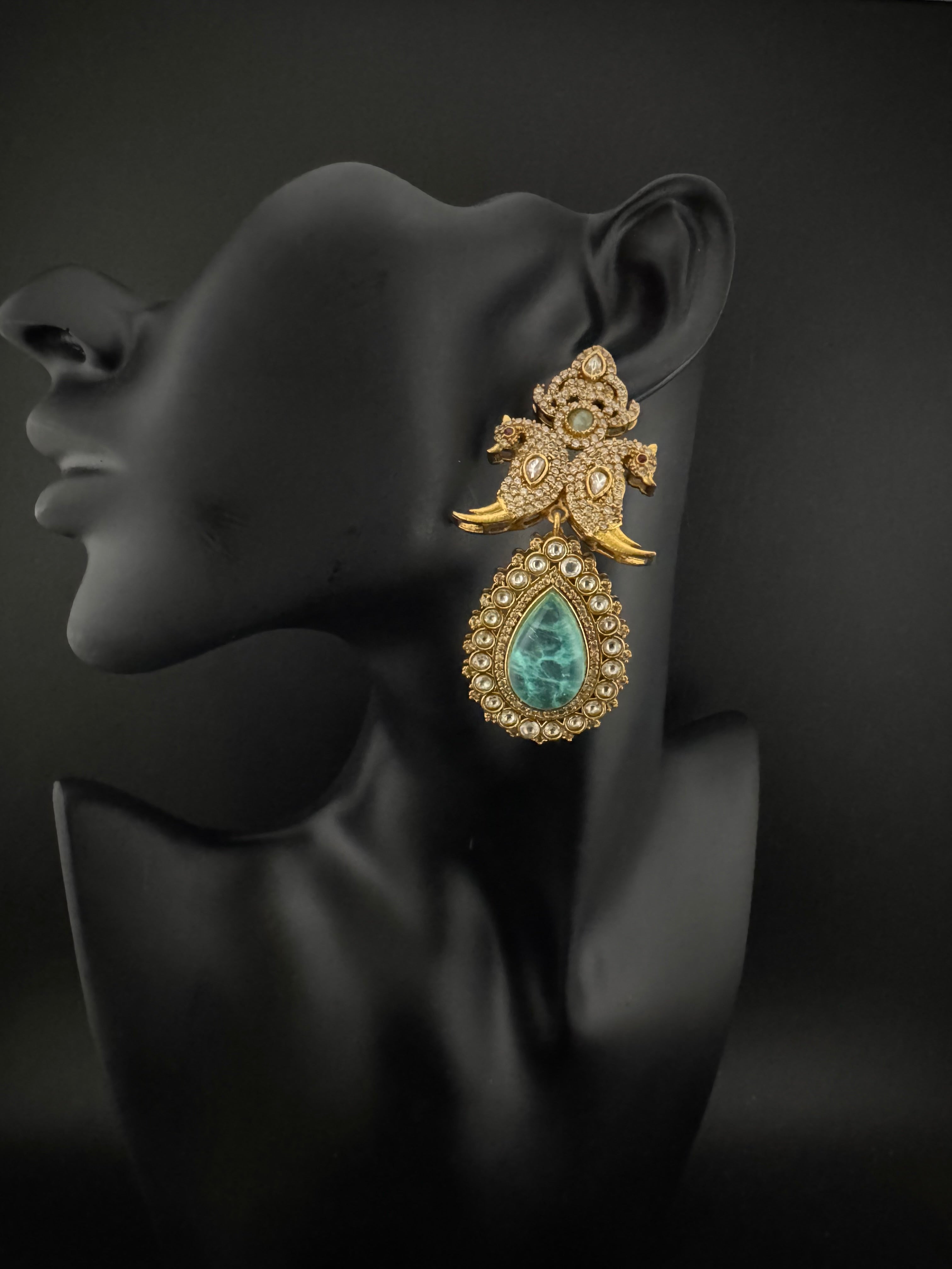 Blue Green and Gold, Doublet Stone Chandelier Long Earrings, Bridal, Moissanite, CZ, Designer jewelry