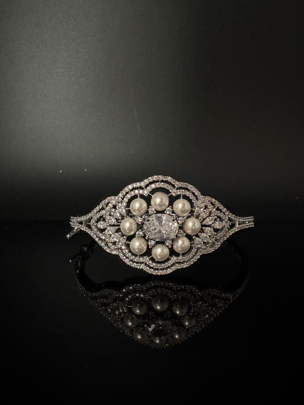 Openable Designer bracelet with Pearls, crystal stones, CZ Nano setting, Fits size upto 2.6"