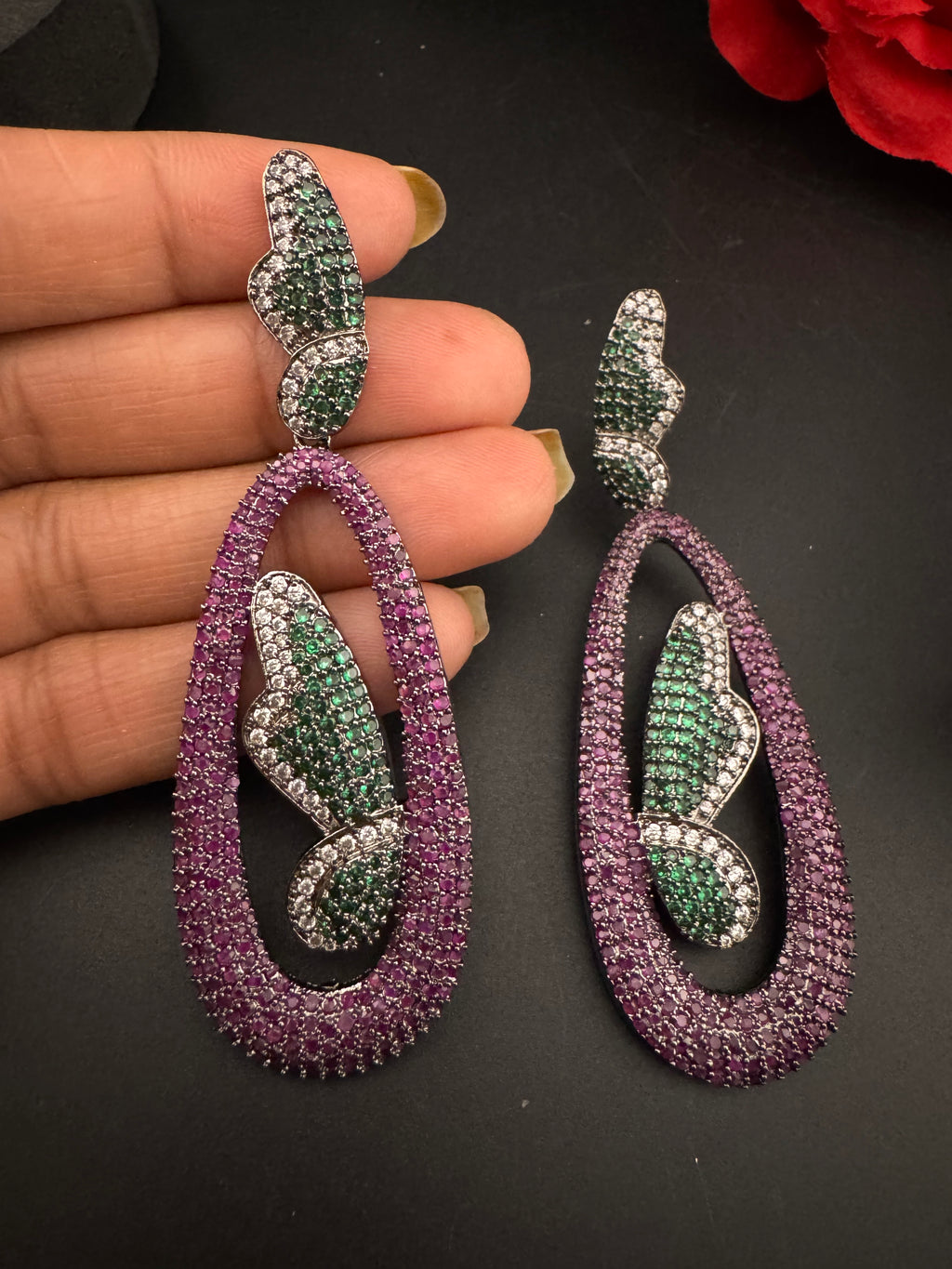 Premium Nano Setting Cubic Zirconia Victorian Long earrings in Butterfly Drop shape, designer Inspired Statement long drop dangle earrings