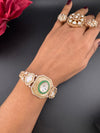 Moissanite Kundan, MOP, CZ Adjustable Bracelet Bangle, Gold Polish (Fits size 2.6")