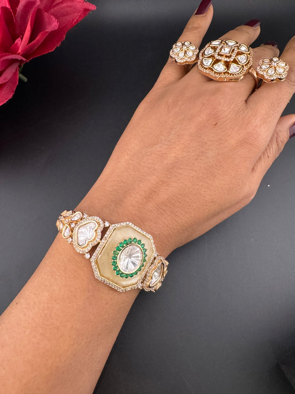 Moissanite Kundan, MOP, CZ Adjustable Bracelet Bangle, Gold Polish (Fits size 2.6")