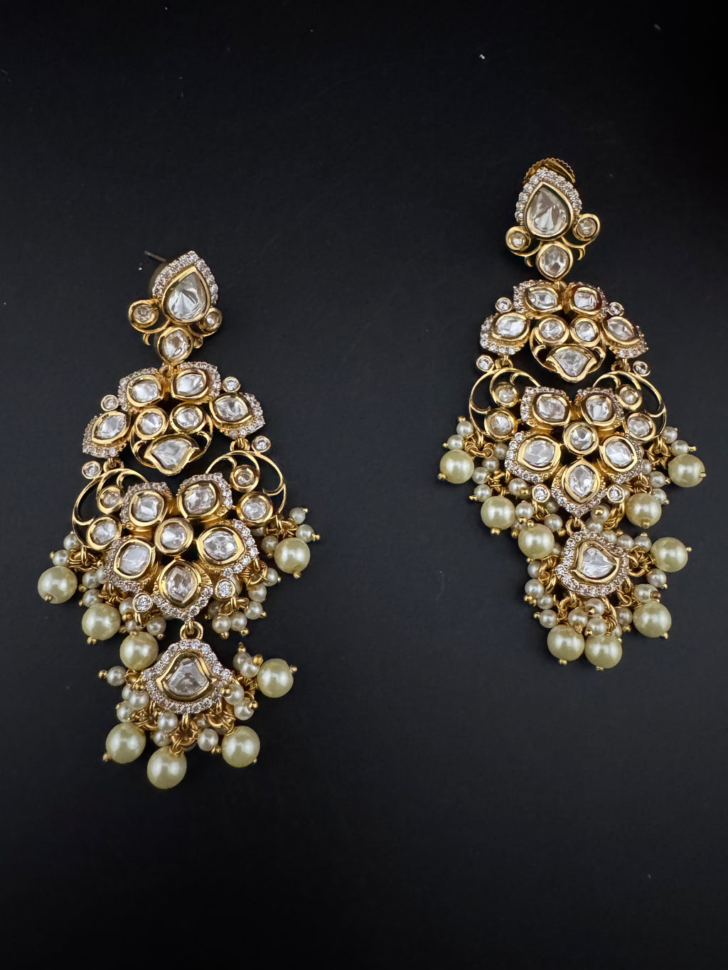 White and Gold Kundan, Pearls Chandelier Earrings, High shine Bridal, Moissanite, CZ, Designer jewelry