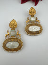 Antique Gold, Enamel, Mother of Pearl Chandbali Dangle Earrings, Amrapali inspired Designer jewelry