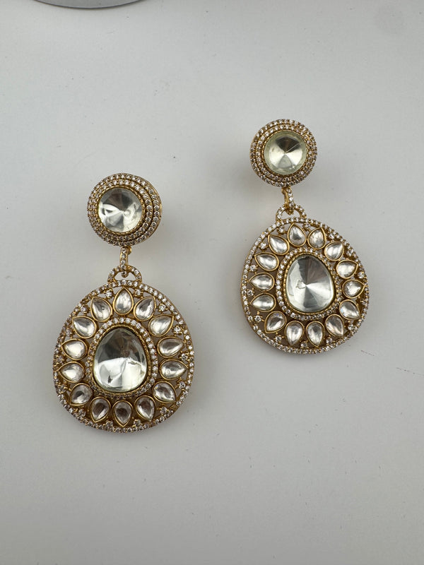 Golden Kundan, CZ, Chandbali Earrings, High shine, Bridal, Moissanite, Designer jewelry
