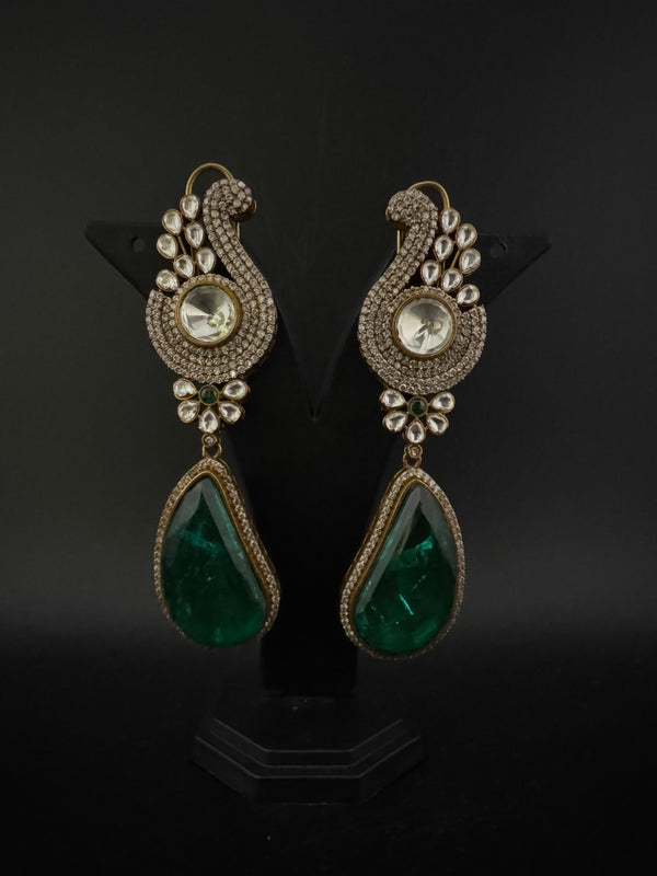 Kundan, CZ, Gold, Doublet Stone Chandelier Long Earrings, Bridal, Moissanite, CZ, Peacock Designer jewelry