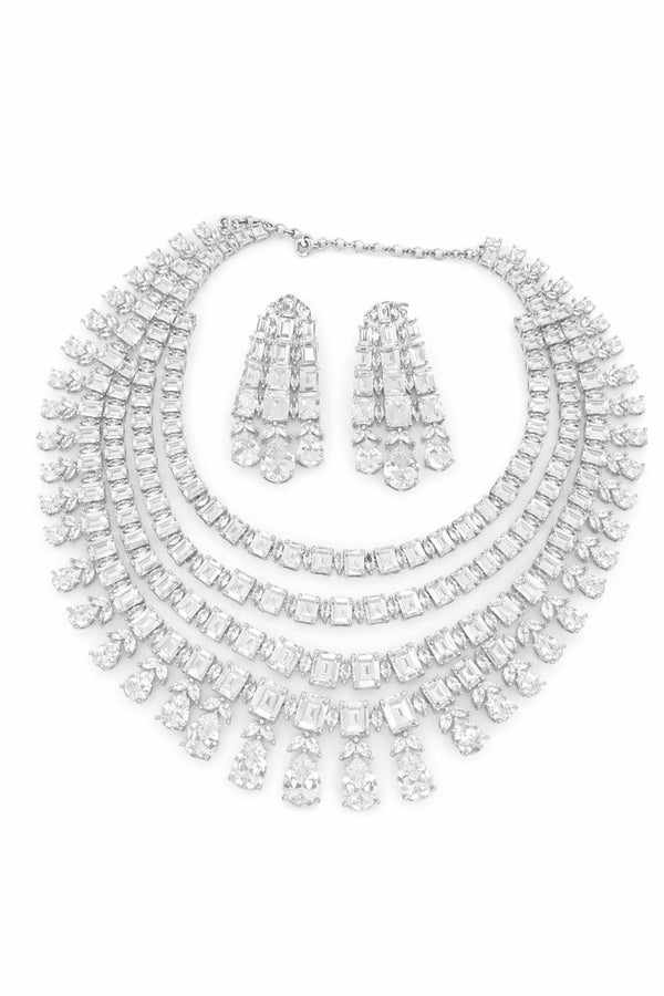Swarovski Crystals and CZ Diamond multi Layer Necklace Set, White Gold Plated set