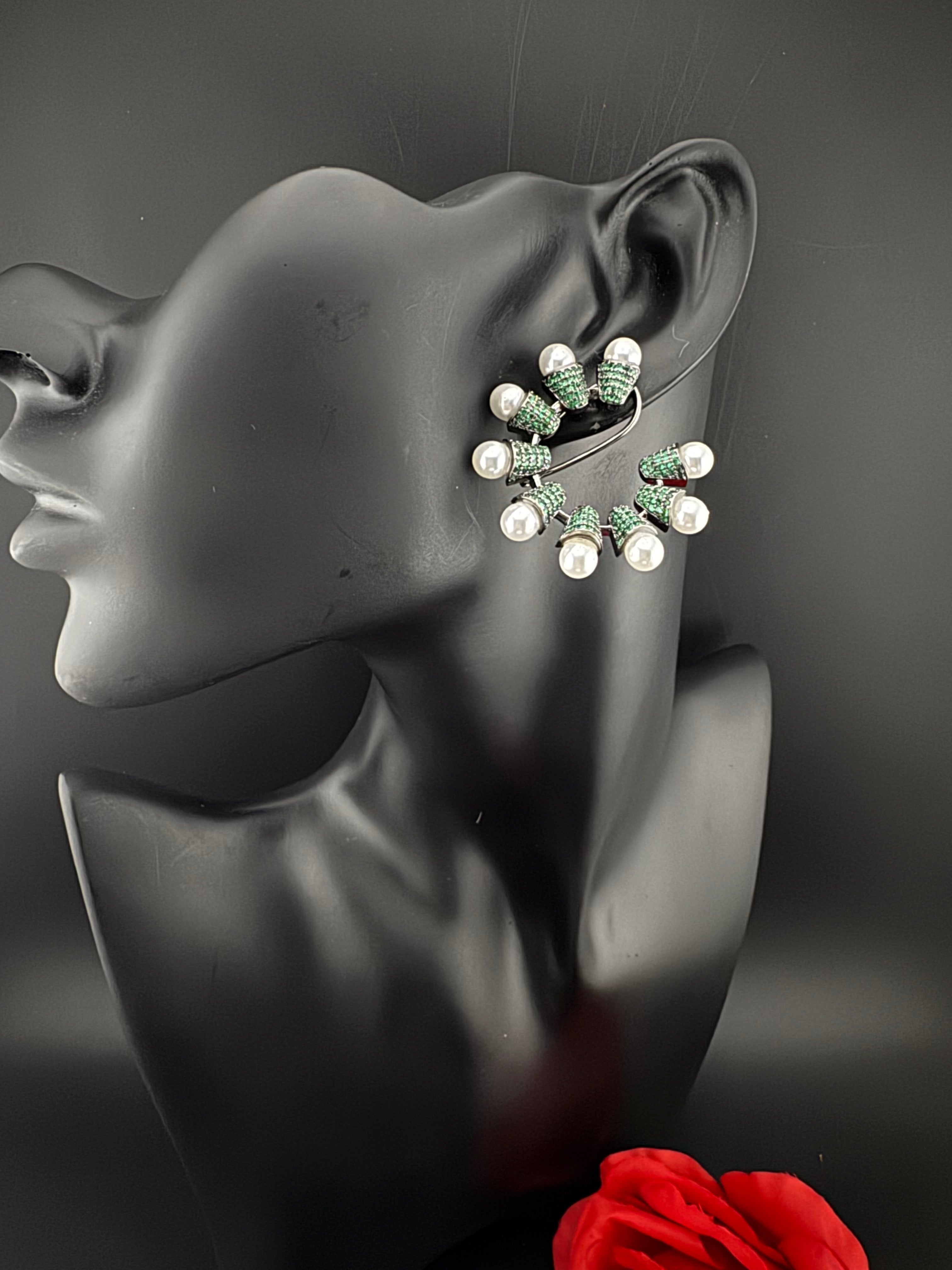 Premium Nano Setting Cubic Zirconia pearl Oversized Studs earrings in silver color is designer Inspired Statement earring/Bridal, Indian