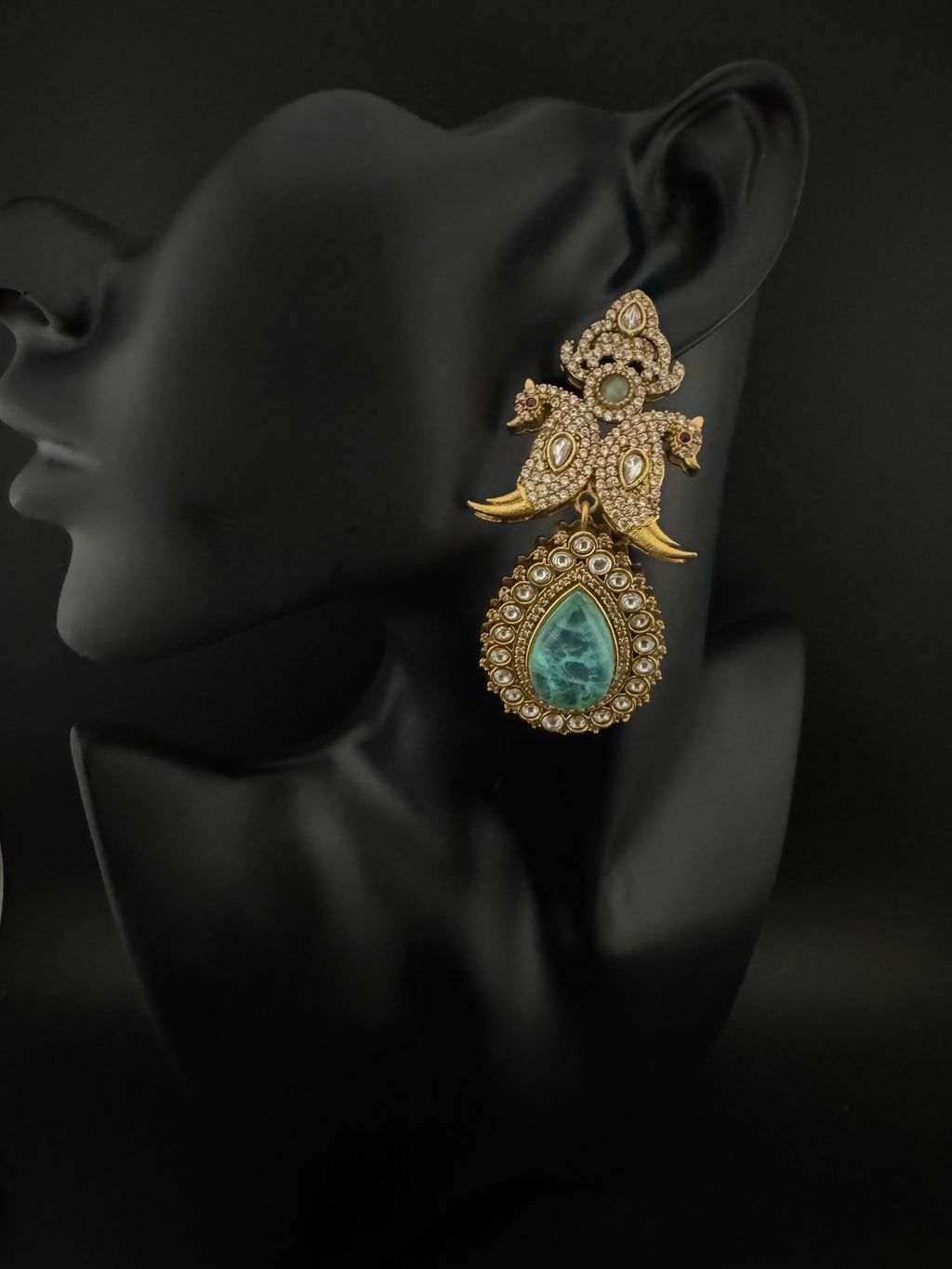 Blue Green and Gold, Doublet Stone Chandelier Long Earrings, Bridal, Moissanite, CZ, Designer jewelry