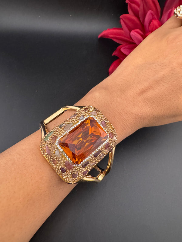 Turkish Jewelry, Crystal, CZ, Stones Oversized Cuff Bracelet Bangle, Gold Polish (Fits 2.6" Diameter)