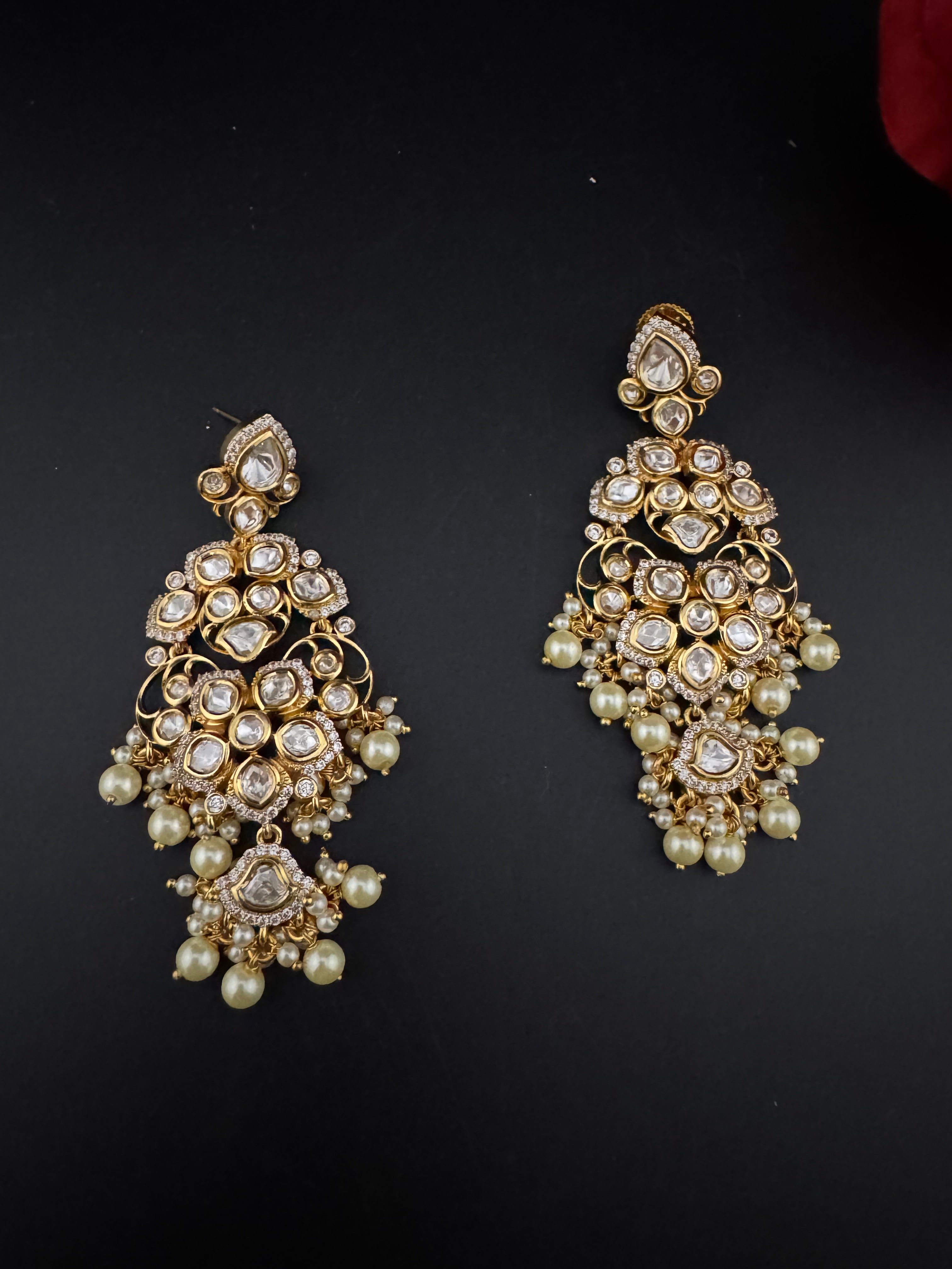 White and Gold Kundan, Pearls Chandelier Earrings, High shine Bridal, Moissanite, CZ, Designer jewelry