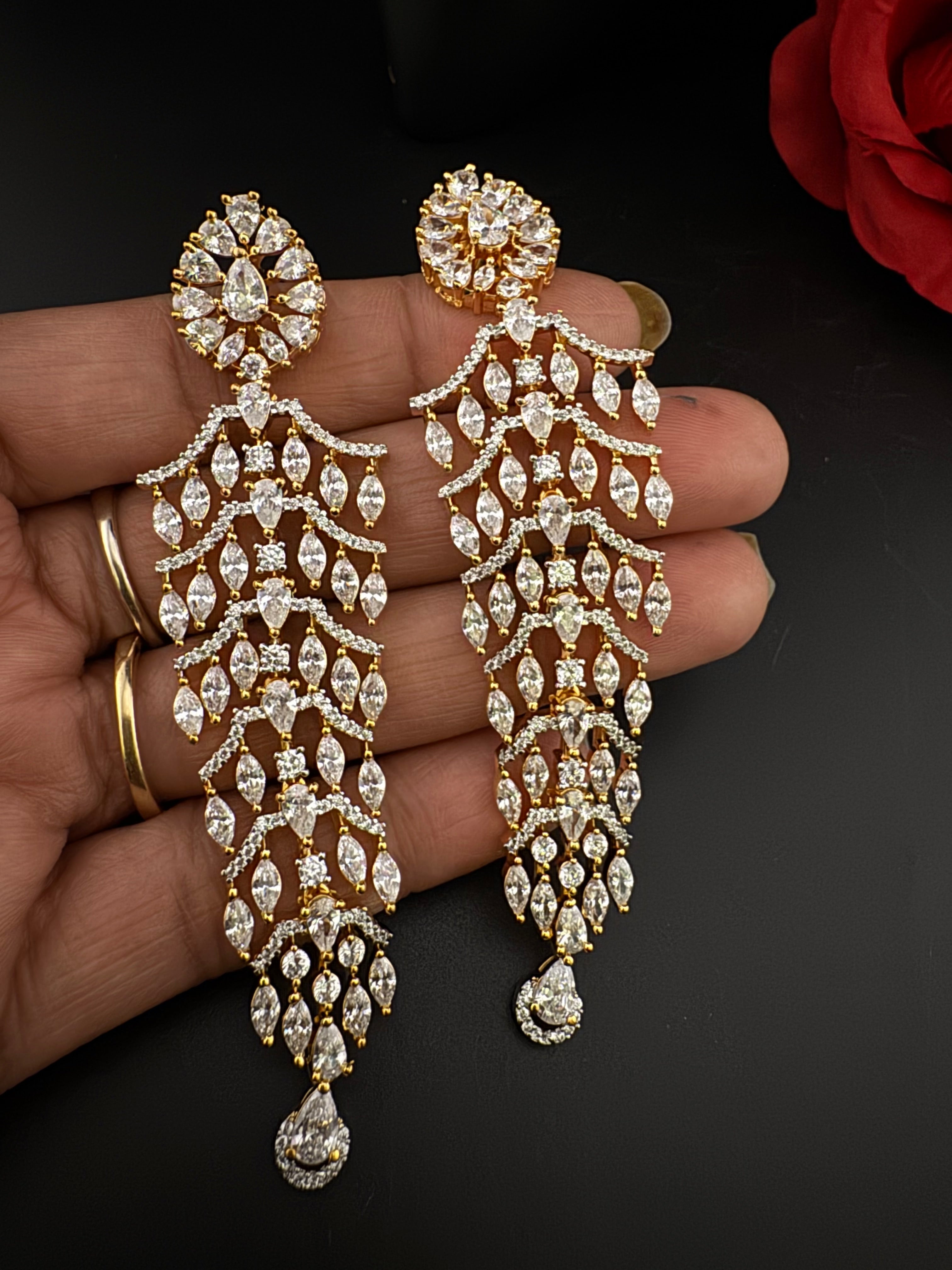 Premium Cubic Zirconia Chandelier Long earrings is designer Inspired, Statement Long earring, Bridal, Party, Wedding jewelry, Shiny