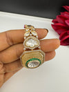 Moissanite Kundan, MOP, CZ Adjustable Bracelet Bangle, Gold Polish (Fits size 2.6")