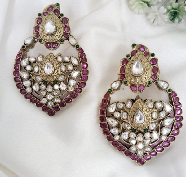 Amrapali inspired, Matt Gold with uncut kundan and CZ chandbali earrings