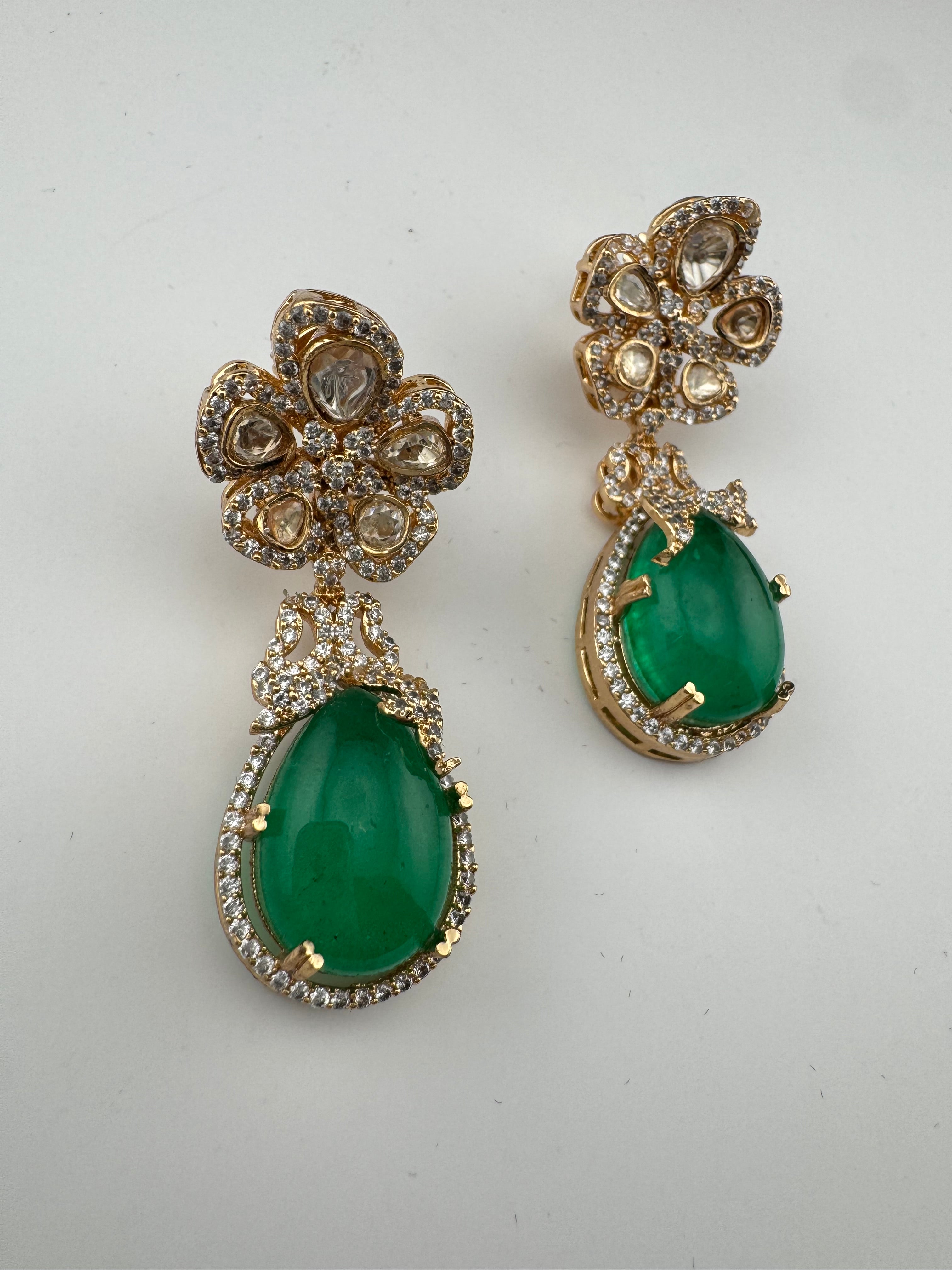 Green and Gold Kundan, Doublet Stone Chandelier Drop Earrings, Bridal, Moissanite, CZ, Designer jewelry