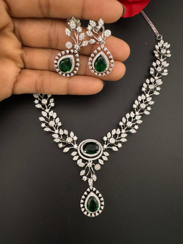 Crystal, Nano Setting CZ Diamond Statement Necklace Set, White Gold Plated Choker, nature inspired
