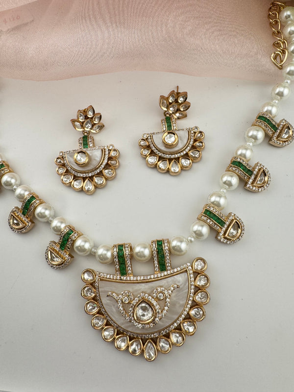 Kundan, Moissanite, MOP, CZ Flexible Gold necklace set, Indian Bridal Jewelry