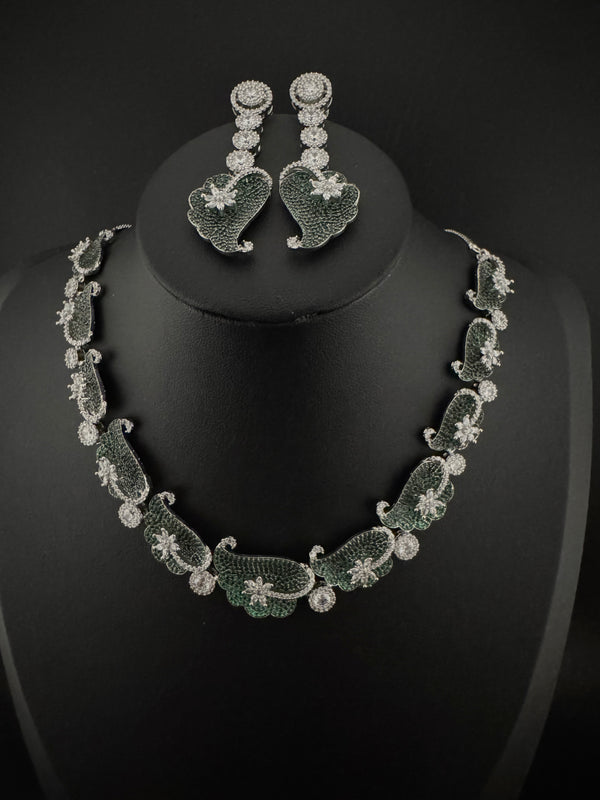Nano Setting CZ Diamond Statement Green Necklace Set, White Gold Plated Choker, nature inspired
