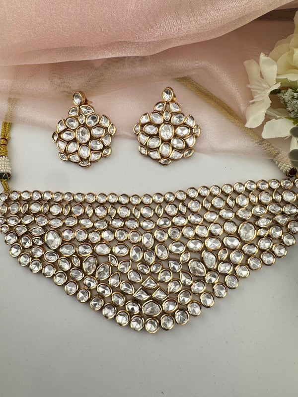 Kundan, Moissanite, CZFlexible Gold Bridal necklace set, Indian Bridal Jewelry