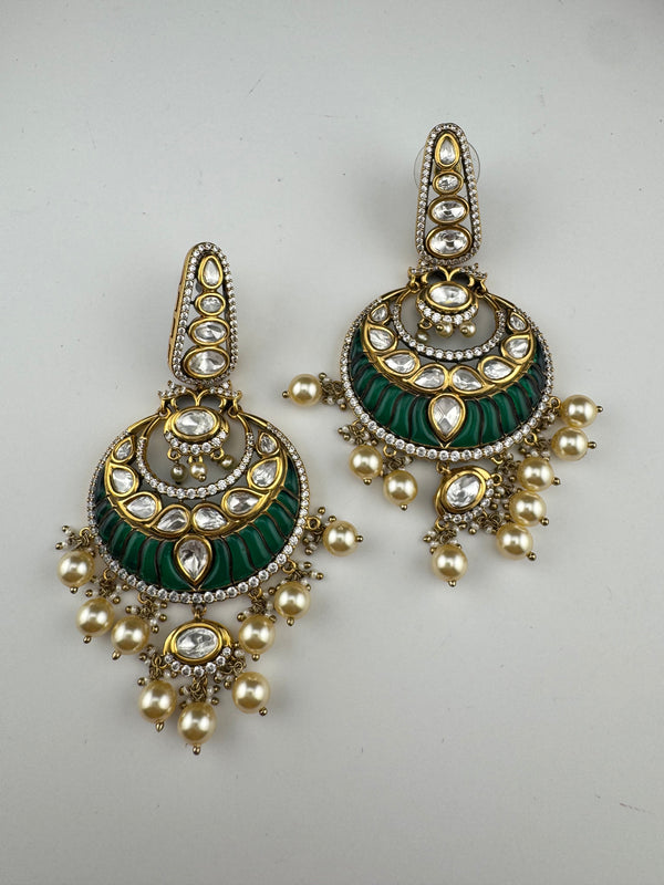 Green and Gold, pacchi Kundan, Pearls Chandelier Long Earrings, Bridal, Moissanite, CZ, Designer jewelry