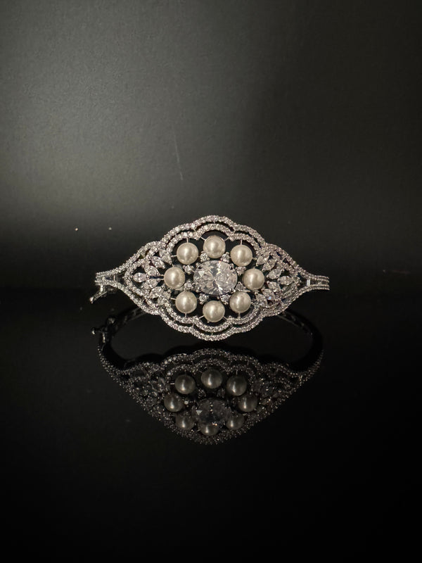 Openable Designer bracelet with Pearls, crystal stones, CZ Nano setting, Fits size upto 2.6"
