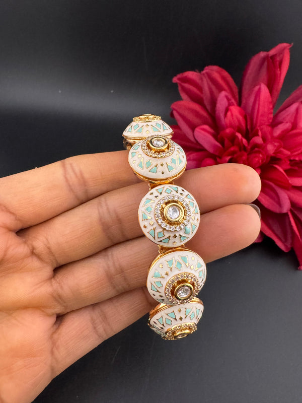 Moissanite Kundan, Enamel, CZ Rajwadi Pacheli Bracelet Bangle Kada, Gold Polish(fits 2.6" wrists)