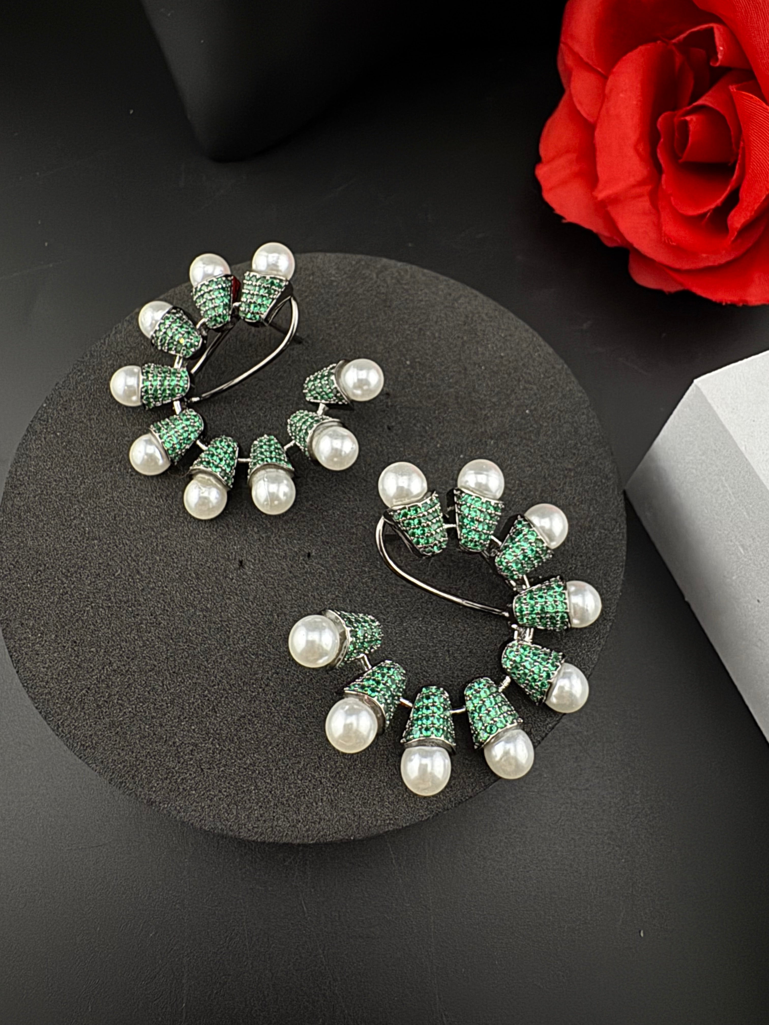 Premium Nano Setting Cubic Zirconia pearl Oversized Studs earrings in silver color is designer Inspired Statement earring/Bridal, Indian