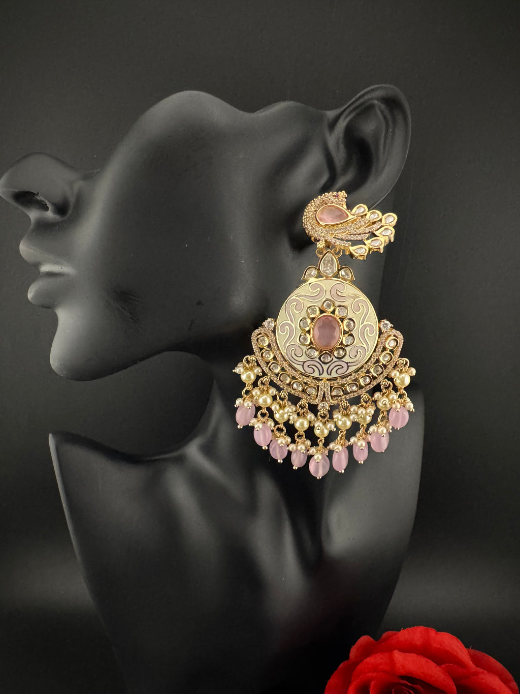 Enamel and Gold Kundan Chandelier Long Earrings, High shine Bridal Moissanite CZ, Designer Earrings