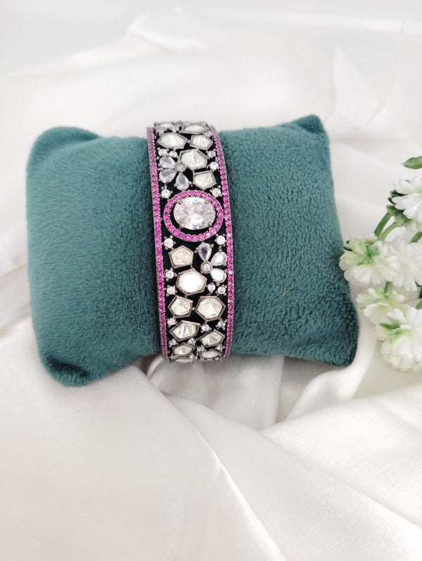 Uncut Kundan, Crystal Stone, CZ, Openable Bracelet Bangle, Victorian Polish