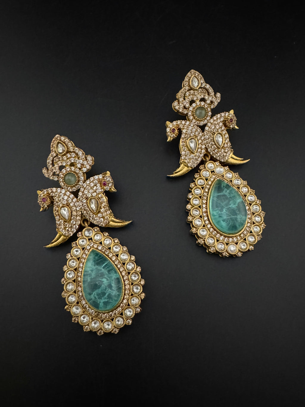 Blue Green and Gold, Doublet Stone Chandelier Long Earrings, Bridal, Moissanite, CZ, Designer jewelry