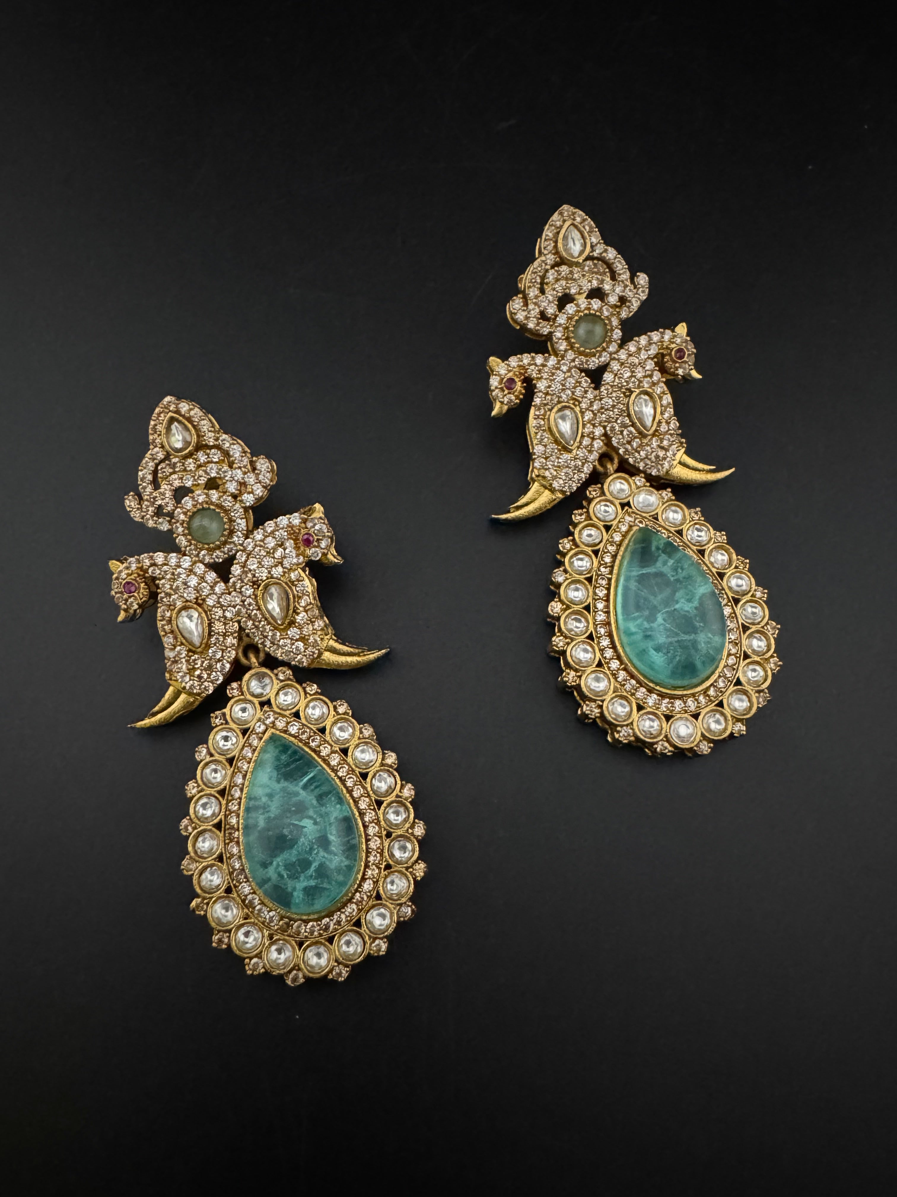 Blue Green and Gold, Doublet Stone Chandelier Long Earrings, Bridal, Moissanite, CZ, Designer jewelry