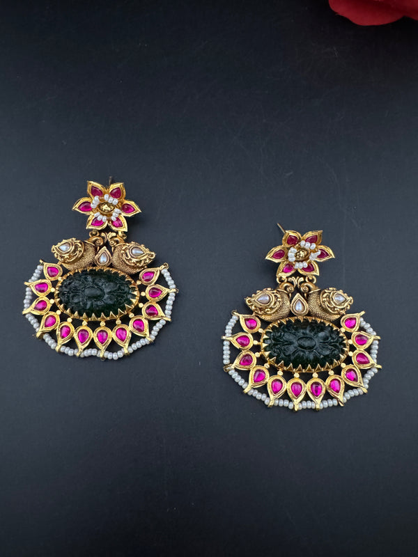 Gold and Green Carved stone, pacchi Kundan, Pearls Chandelier Chandbali Earrings, Bridal Designer jewelry