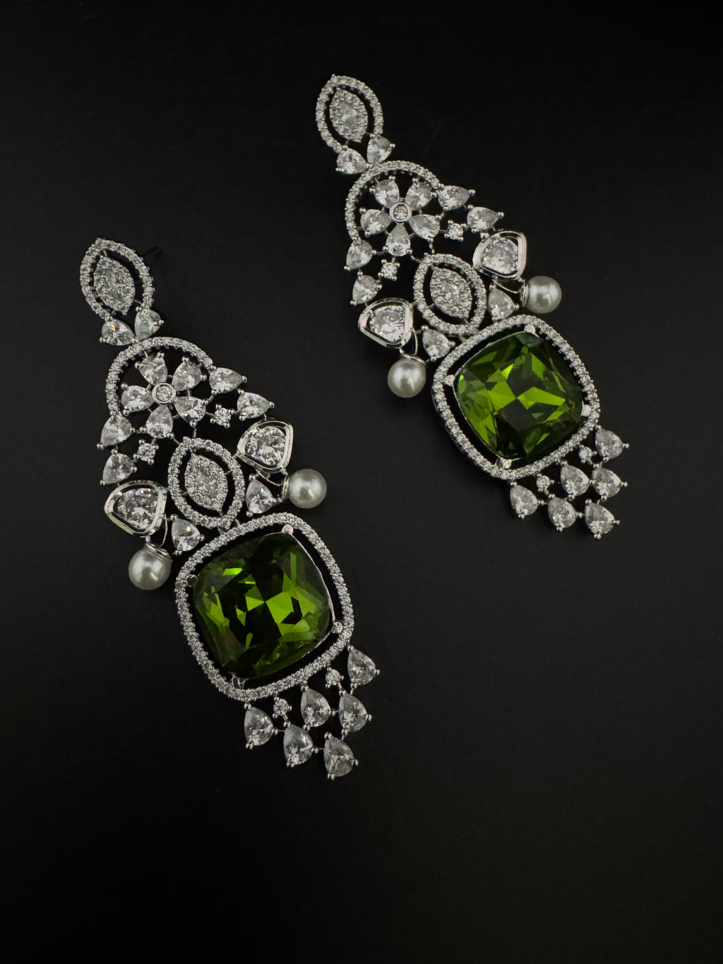 Champagne Cubic Zirconia Chandelier Long earrings with Pearls and Crystals