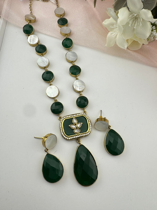 Kundan, CZ, MOP, Stone inlay Long Golden necklace set, Rani haar, everyday wear jewelry